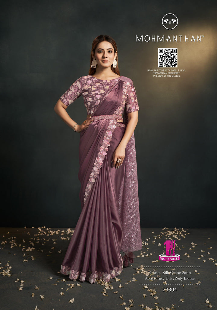 Partywear Purple Silk Crepe Fusion Saree with Belt - Fashion Nation