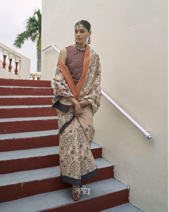 Casual Wear Off-White Knitted Silk Warli Print Saree - Fashion Nation