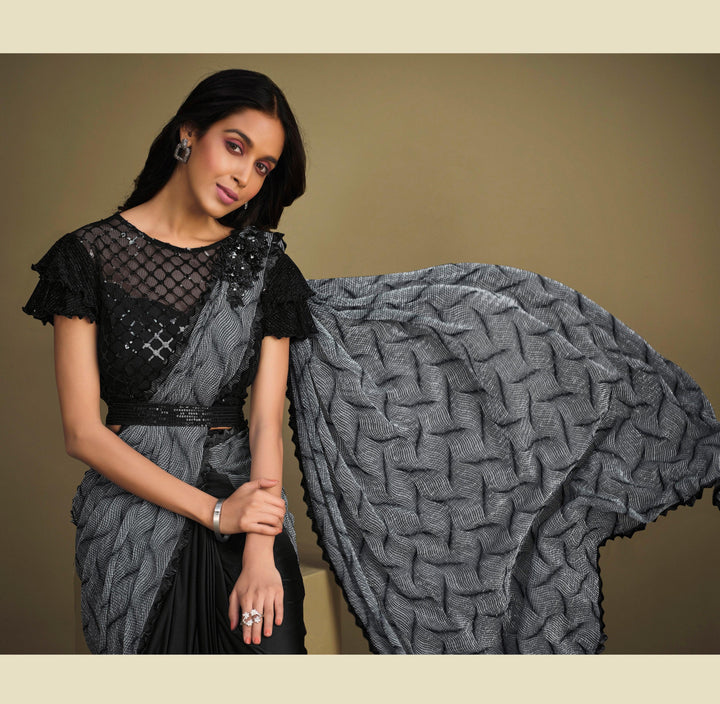 Reception Party Black Sequined Saree with Belt - Fashion Nation