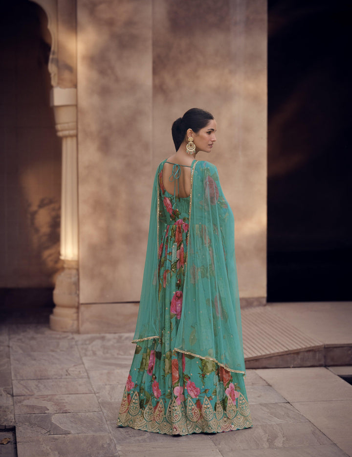 Summery Party Gown | Aqua Georgette Stitched Flowy Celebration Wear - Fashion Nation