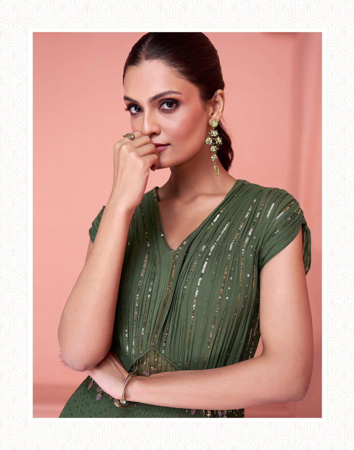 Mehandi Wear Green Georgette Indo Western Gown - Fashion Nation