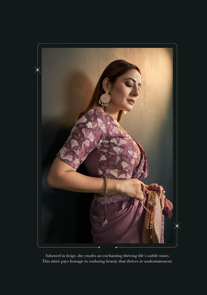 Partywear Purple Silk Crepe Fusion Saree with Belt - Fashion Nation