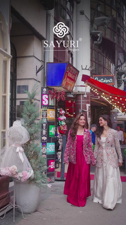 celeb style stylish gown with jacket video by sayuri designer catalogue belina