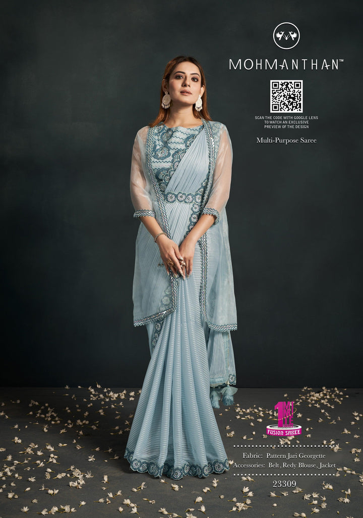 Shaadi Partywear Blue Georgette Saree with Jacket - Fashion Nation