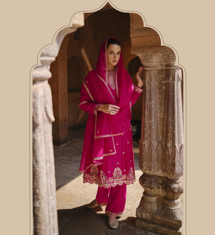 Partywear Pink Georgette Marriage Function Pants Kurta Suit - Fashion Nation