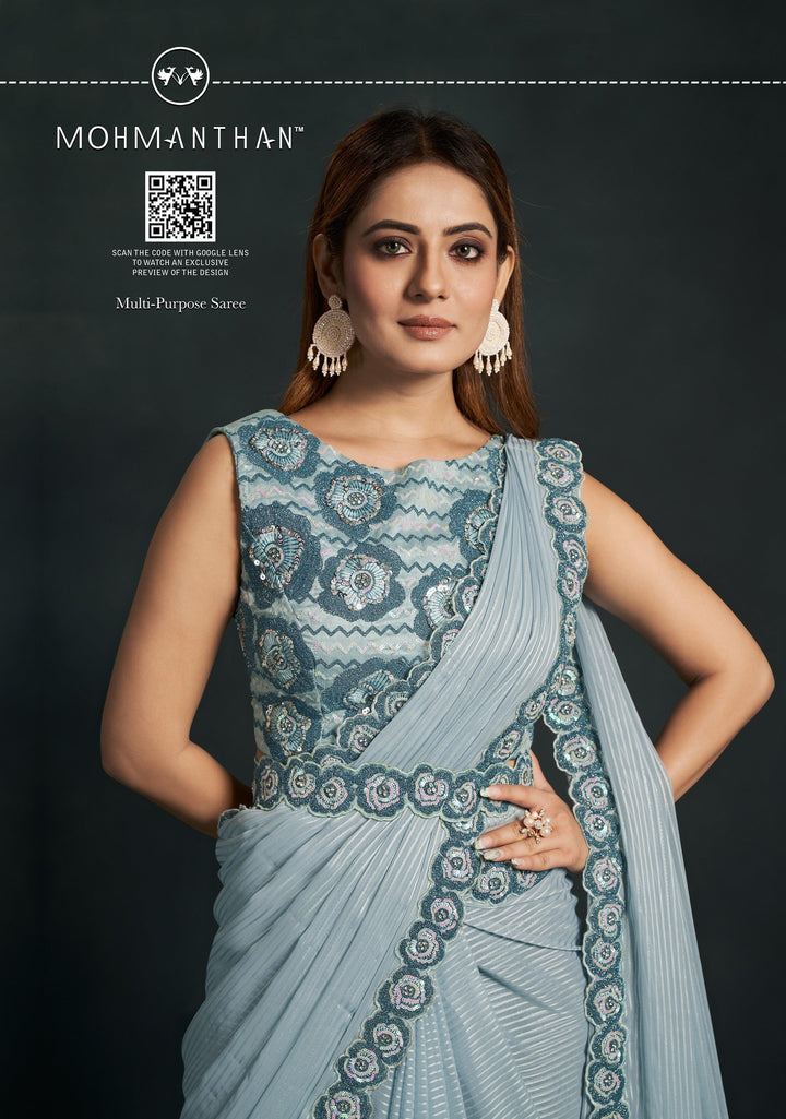 Shaadi Partywear Blue Georgette Saree with Jacket - Fashion Nation