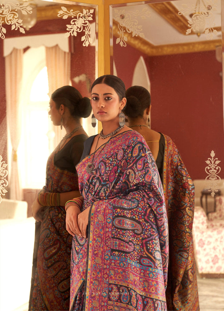 Partywear Paisley Embroidered Pashmina Sari - Fashion Nation