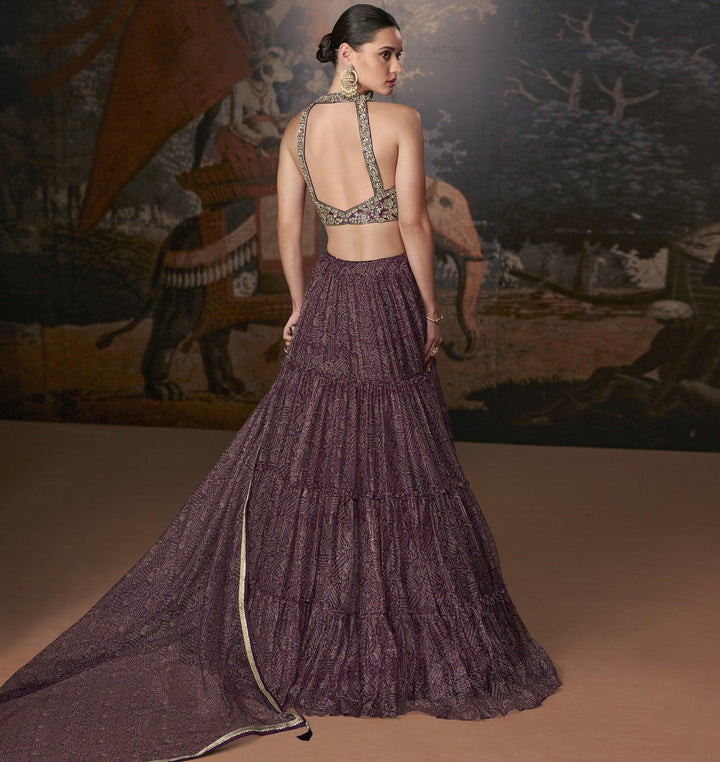 Sangeet Partywear Purple Organza Indo-Western Lehenga Crop Top - Fashion Nation